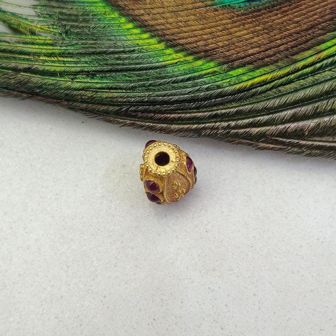 18K Solid Yellow Gold Ruby Stone Studded Fancy Beads - 12X8mm - Kanika Creations