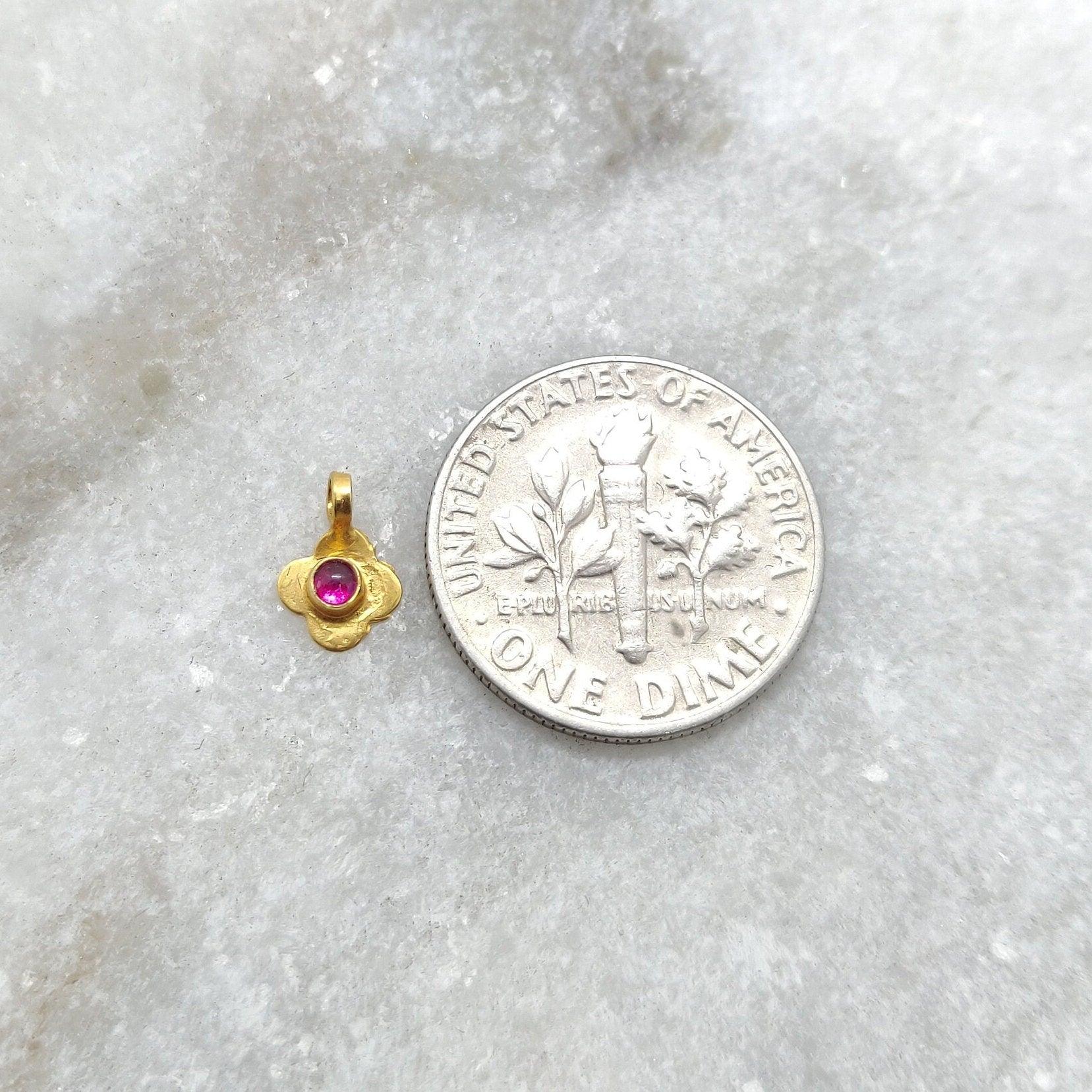18k Solid Yellow Gold Stone Studded Floral Pendant Charm 8mm - Kanika Creations