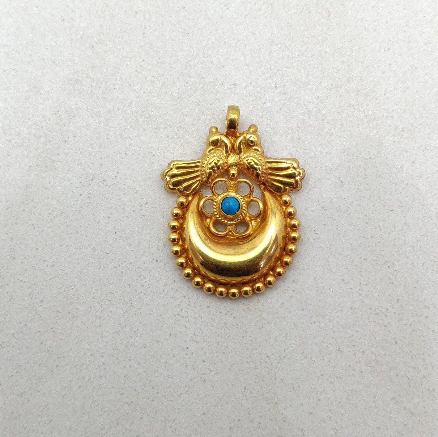 18k Solid Yellow Gold Turquoise Love Birds with Moon Pendant - Kanika Creations