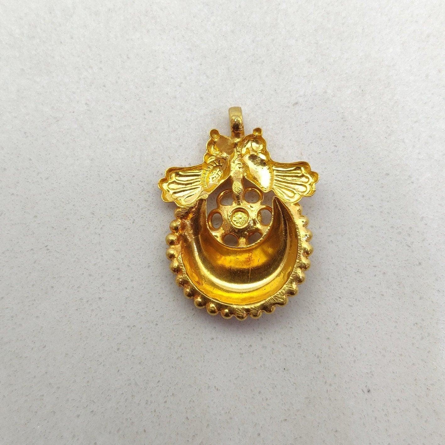 18k Solid Yellow Gold Turquoise Love Birds with Moon Pendant - Kanika Creations