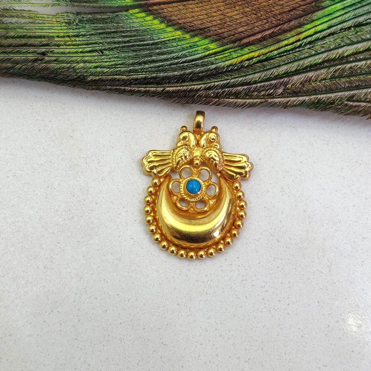 18k Solid Yellow Gold Turquoise Love Birds with Moon Pendant - Kanika Creations