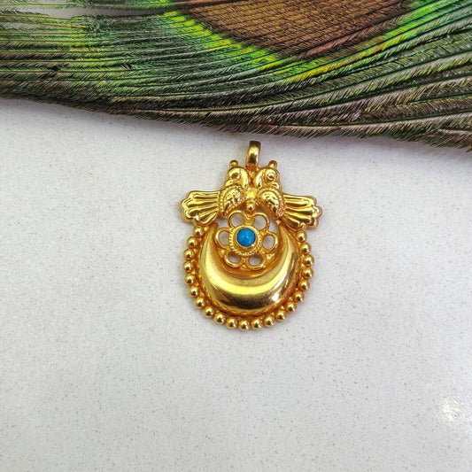 18k Solid Yellow Gold Turquoise Love Birds with Moon Pendant - Kanika Creations
