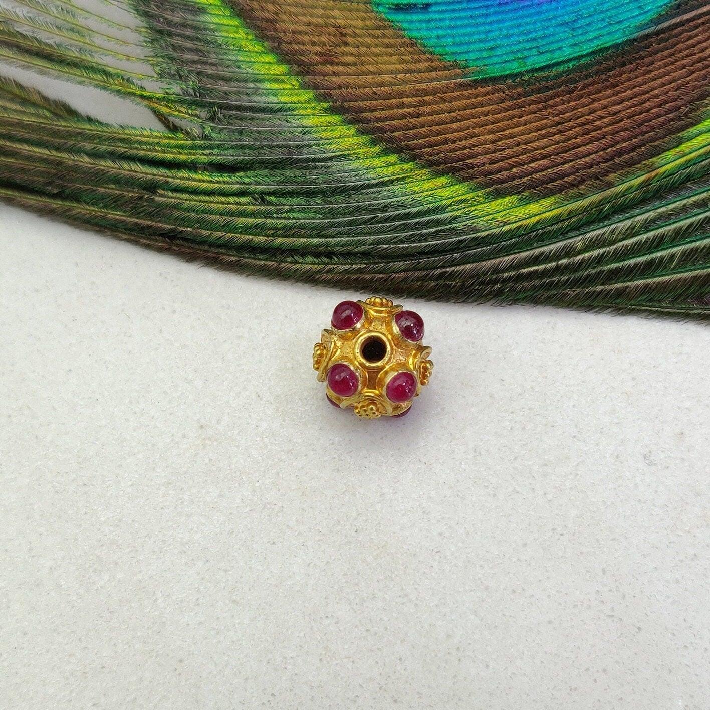 18k Solid Yellow Gold Stone Studded Round Beads 9mm - Kanika Creations