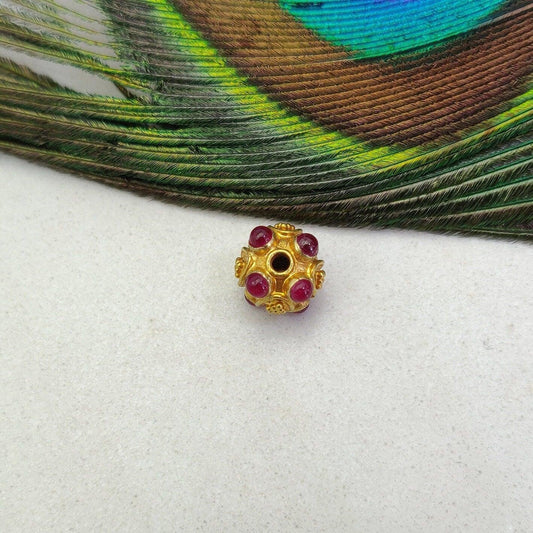 18k Solid Yellow Gold Stone Studded Round Beads 9mm - Kanika Creations