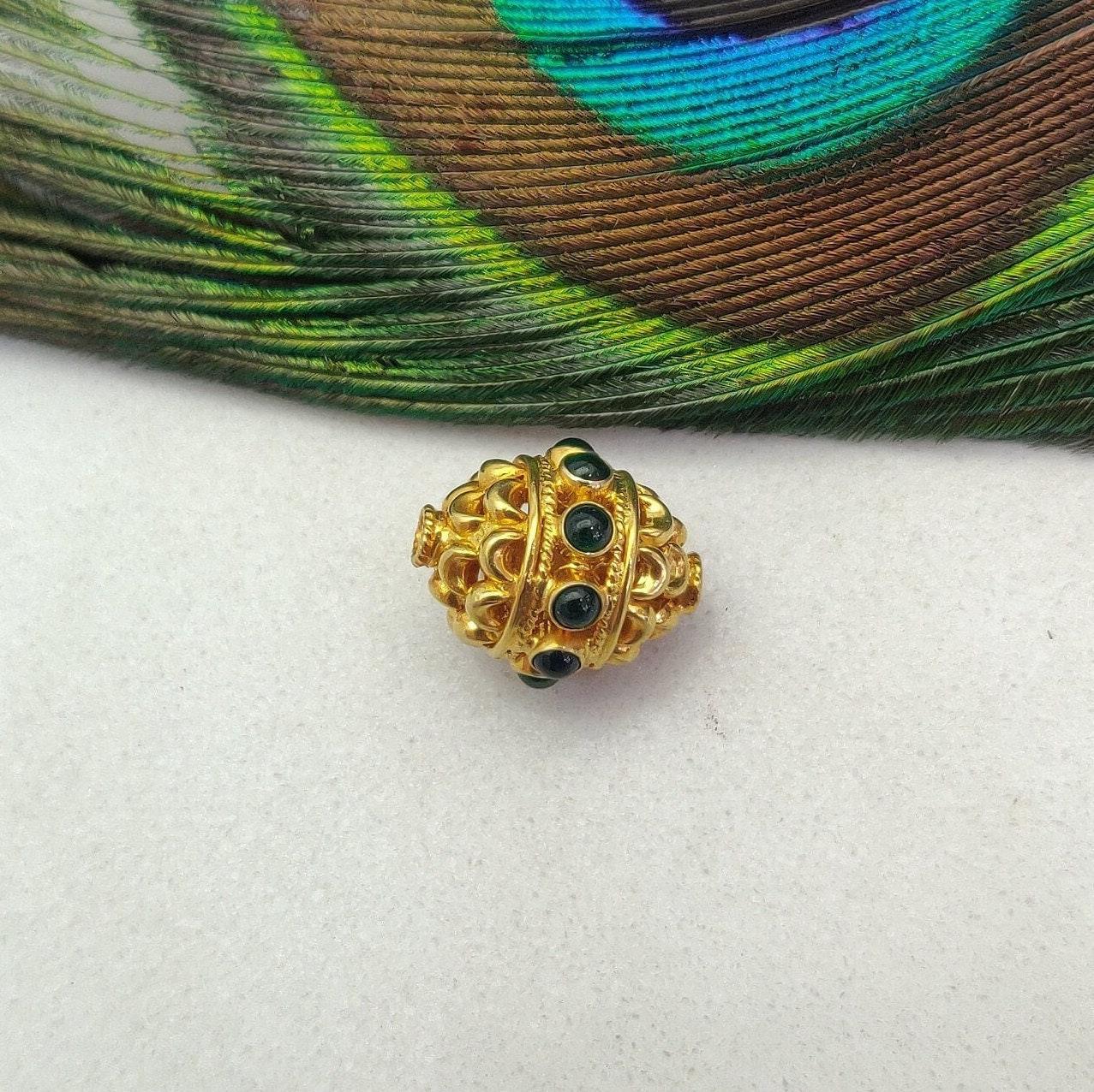 18k Yellow Gold Stone Studded Oval Beads 15X10MM - Kanika Creations