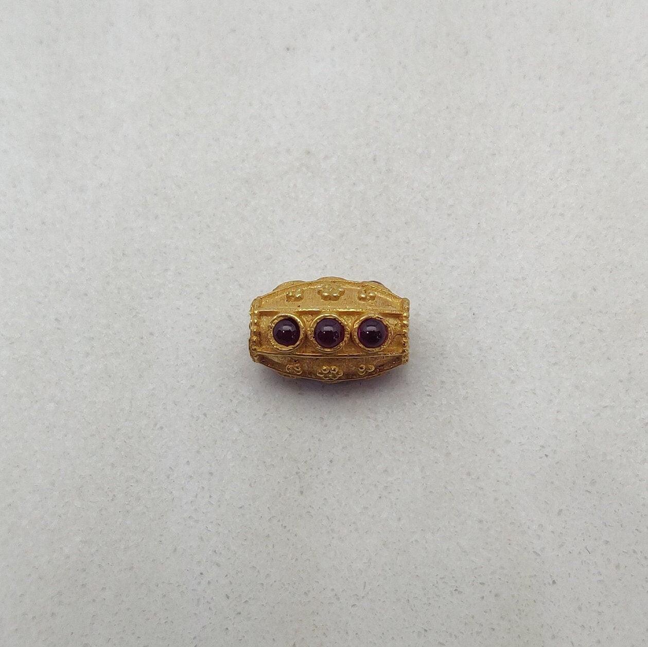18K Solid Yellow Gold Ruby Stone Studded Fancy Beads - 12X8mm - Kanika Creations