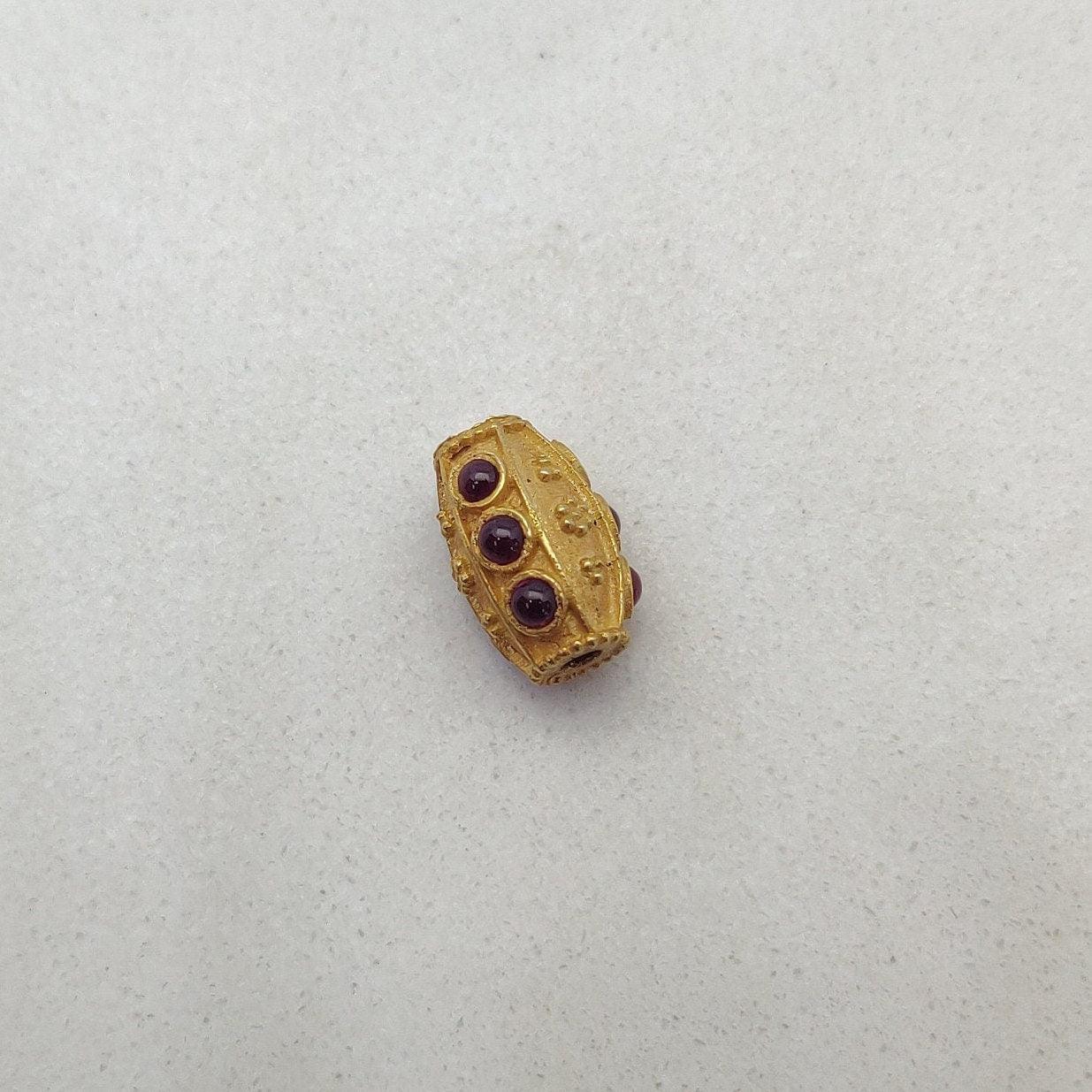 18K Solid Yellow Gold Ruby Stone Studded Fancy Beads - 12X8mm - Kanika Creations