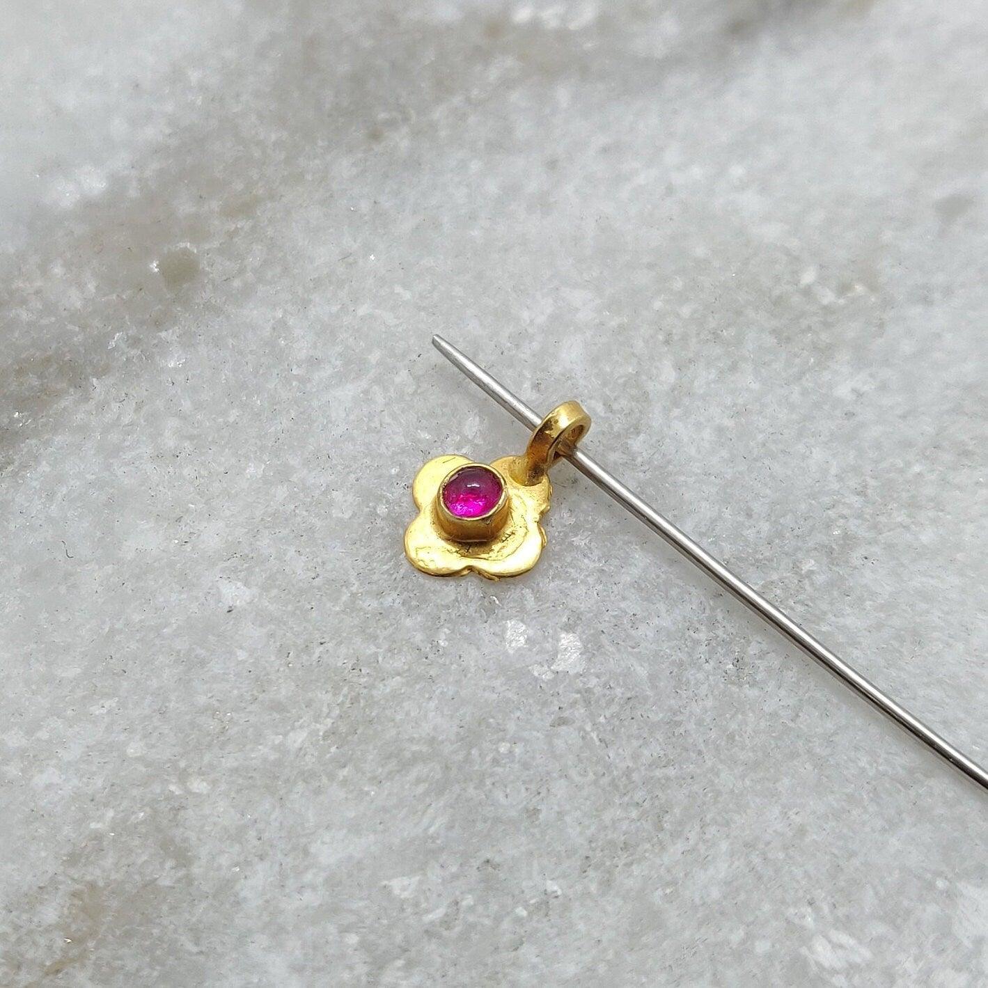 18k Solid Yellow Gold Stone Studded Floral Pendant Charm 8mm - Kanika Creations