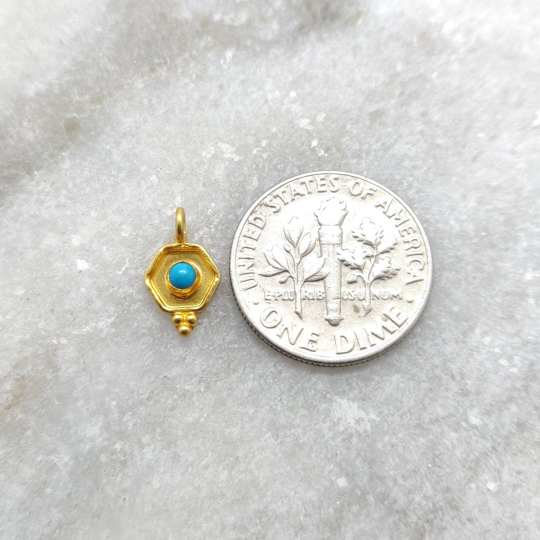 18K Solid Yellow Gold Stone Hexagon Charm Pendant 11x7mm - Kanika Creations