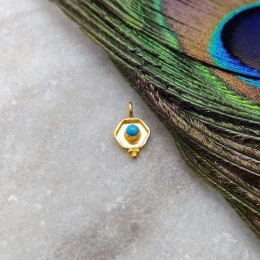 18K Solid Yellow Gold Stone Hexagon Charm Pendant 11x7mm - Kanika Creations