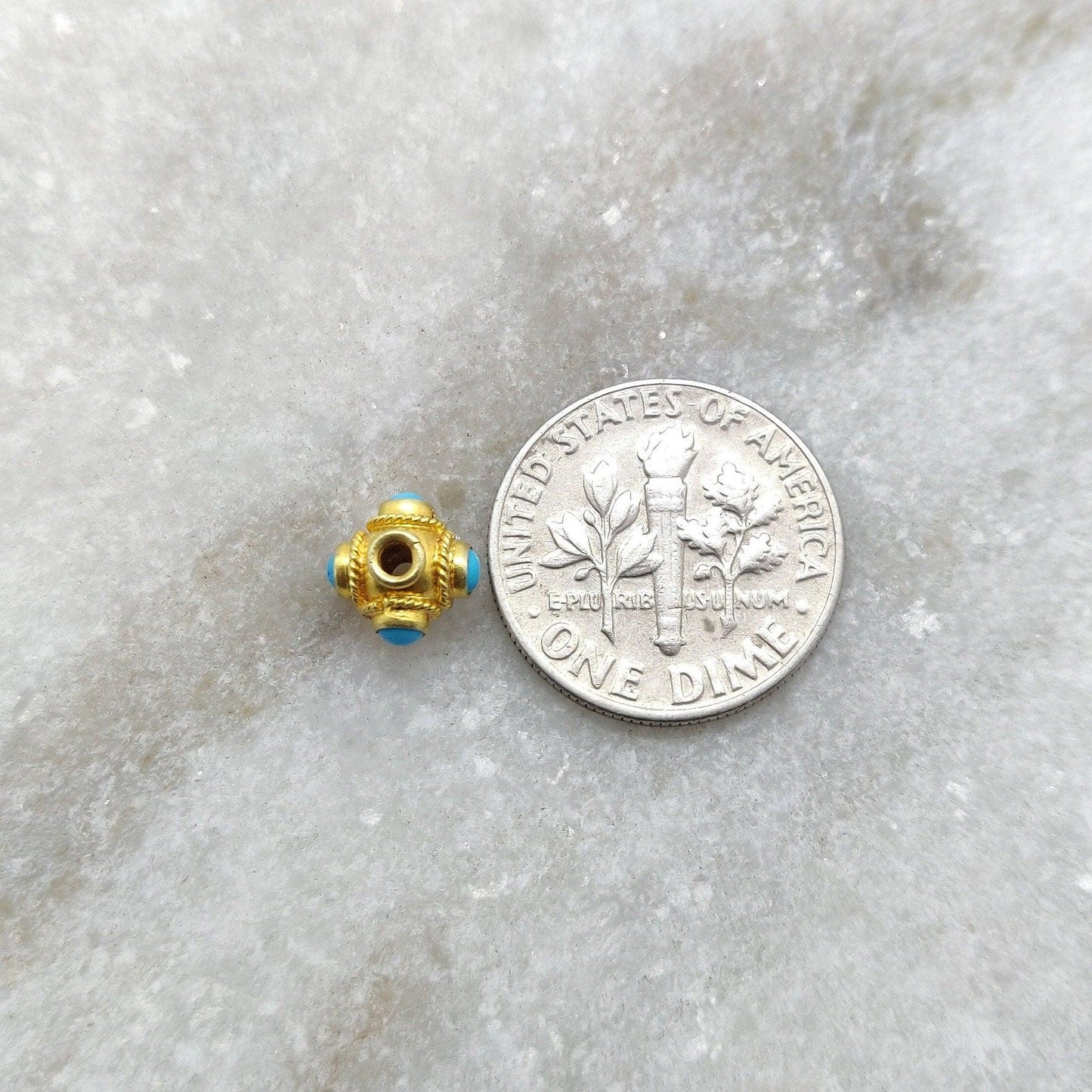 18k Solid Yellow Gold Turquoise Spacer Beads 6mm - Kanika Creations