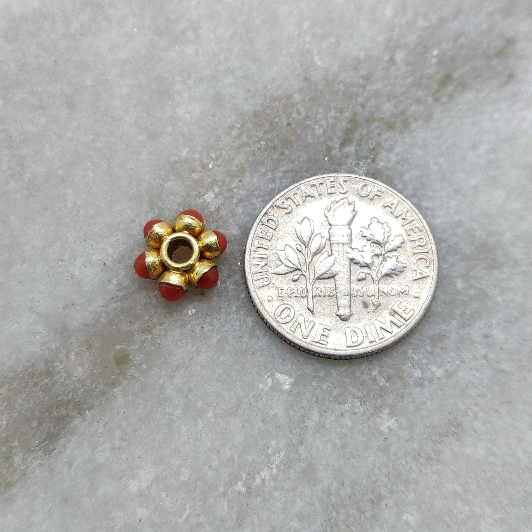 18k Gold Bead Wheel Coral Stone Spacer Beads 8mm - Kanika Creations