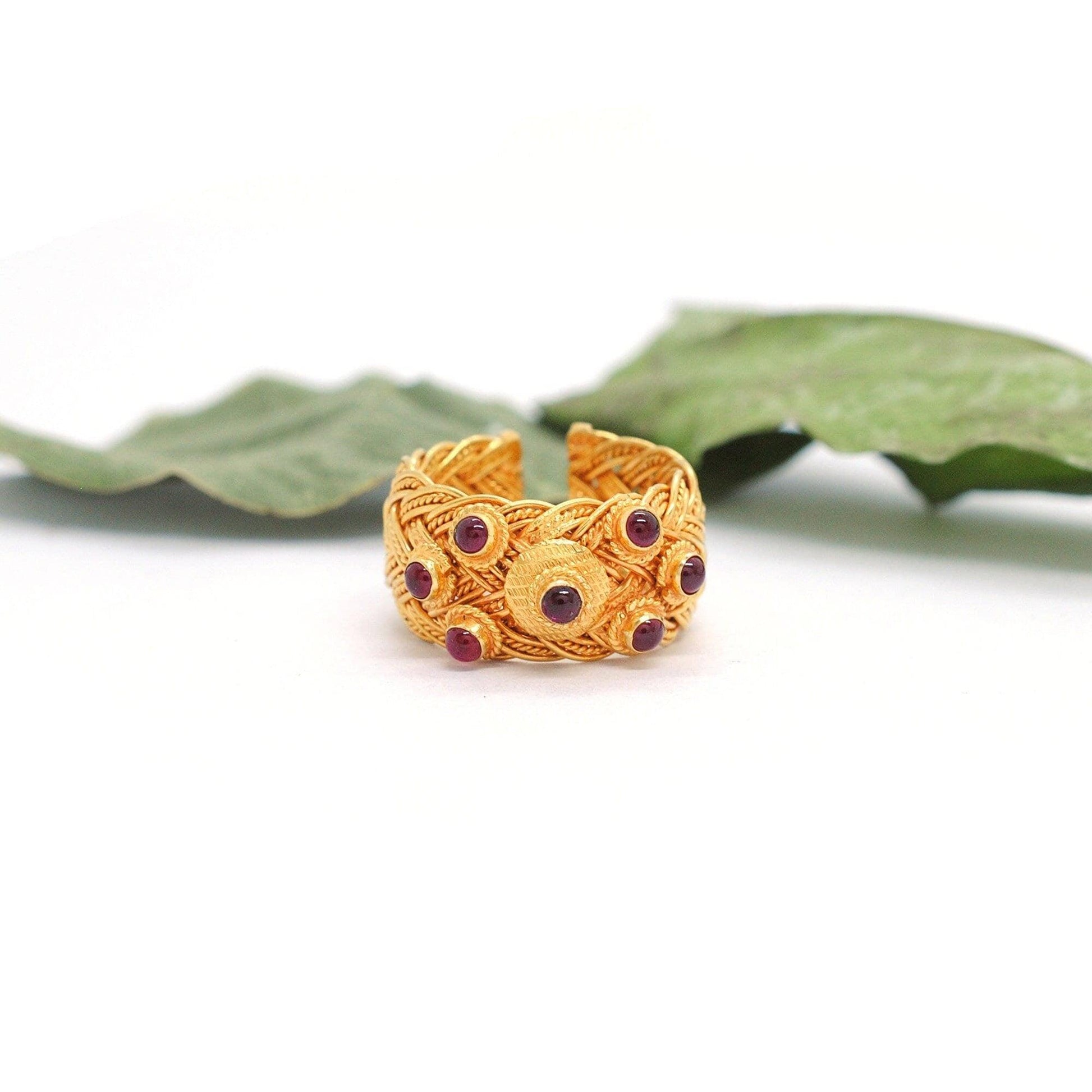 18k Solid Yellow Gold Ruby Vintage Adjustable Band Ring - Kanika Creations