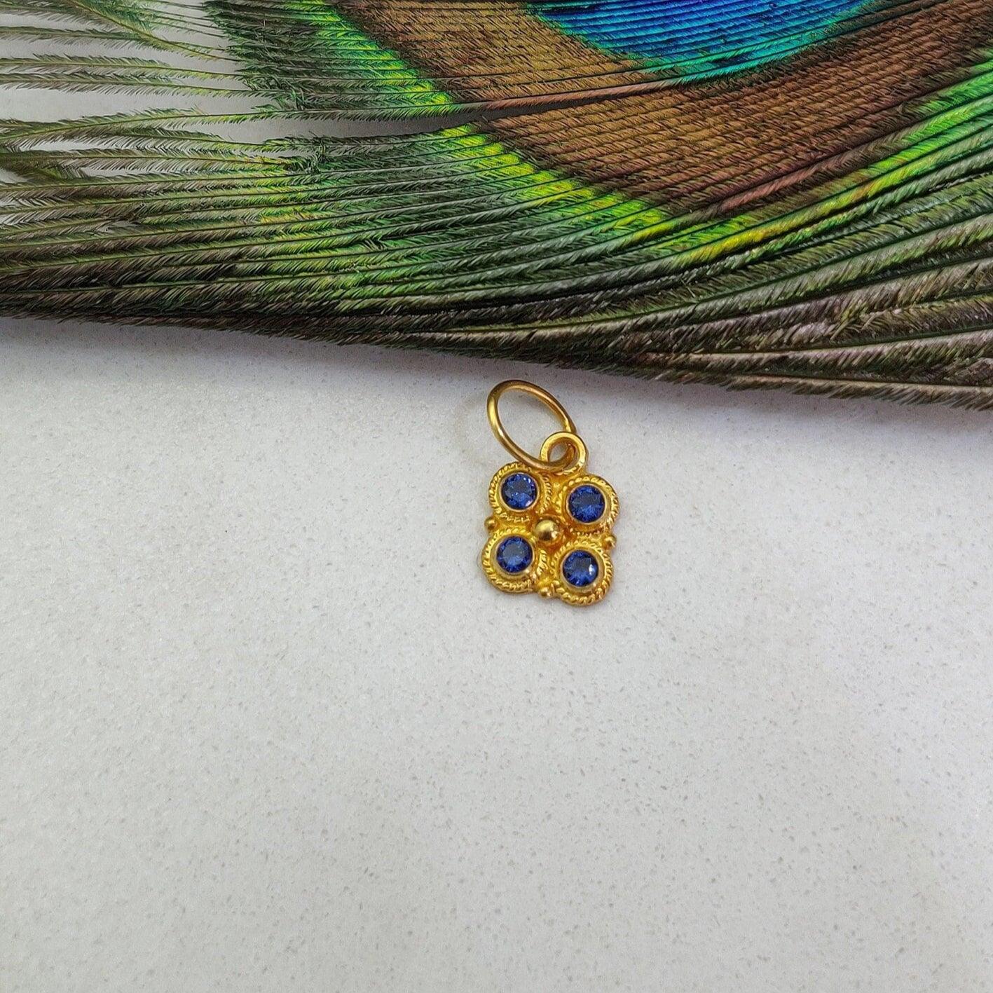 18K Solid Yellow Gold Blue Sapphire Charm Pendant 8.5mm - Kanika Creations