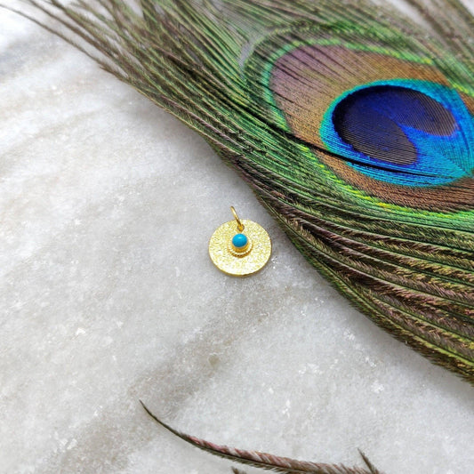 18k Solid Yellow Gold Turquoise Round Charm Pendent 12mm - Kanika Creations