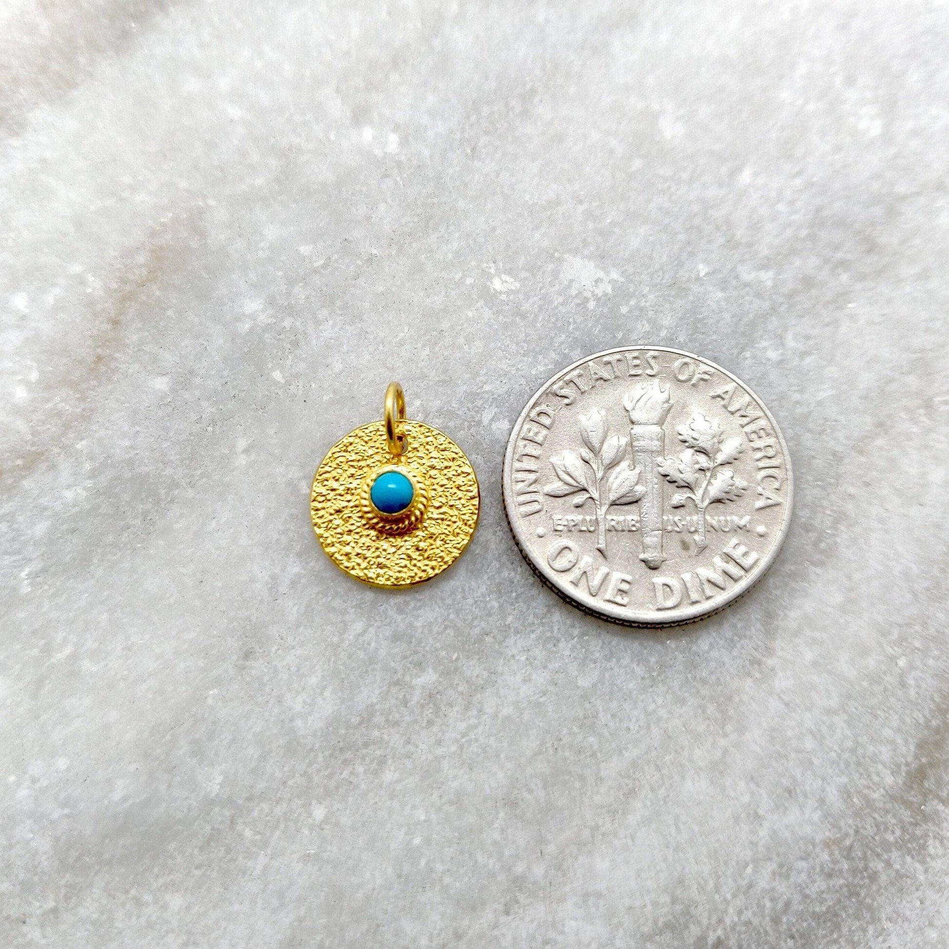 18k Solid Yellow Gold Turquoise Round Charm Pendent 12mm - Kanika Creations