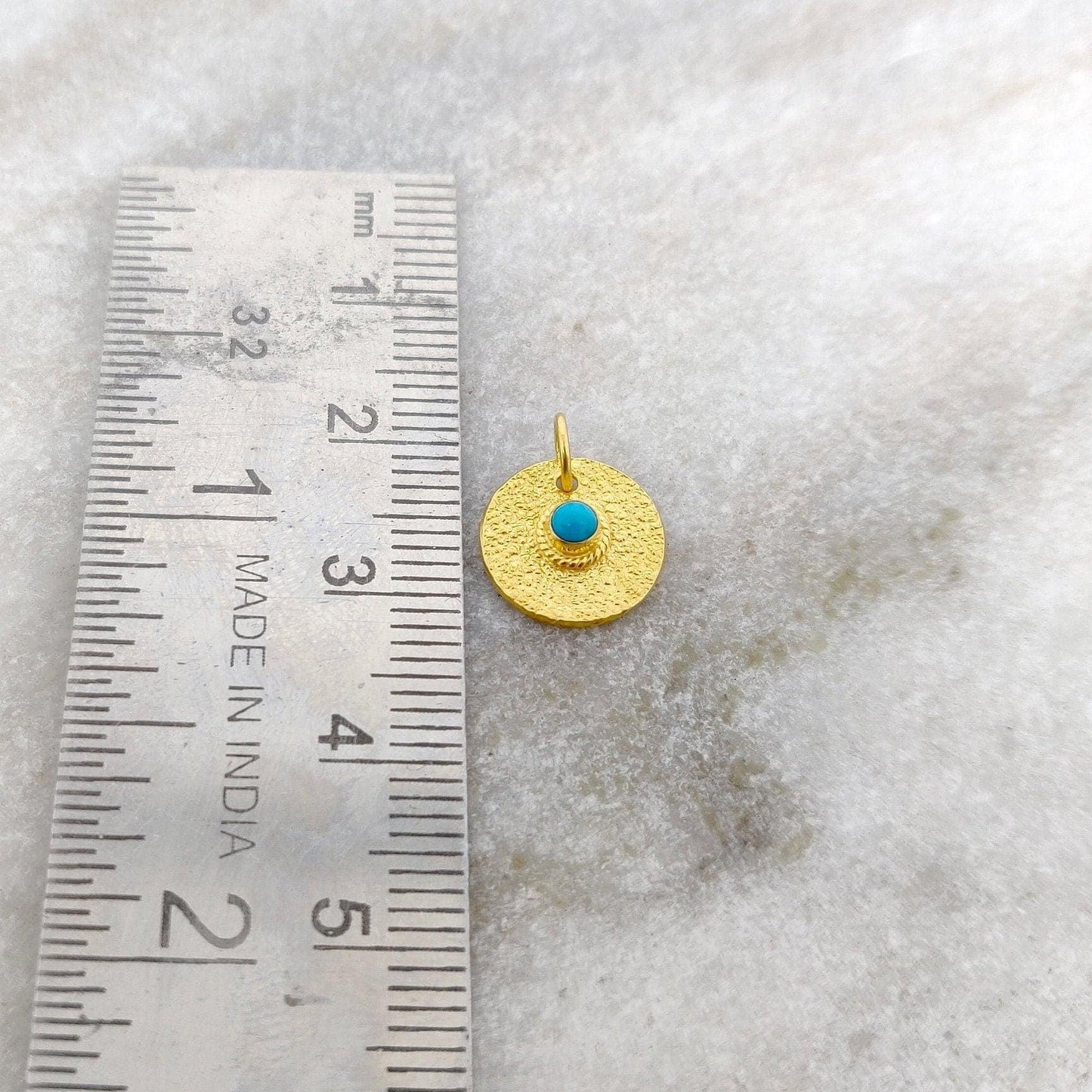 18k Solid Yellow Gold Turquoise Round Charm Pendent 12mm - Kanika Creations