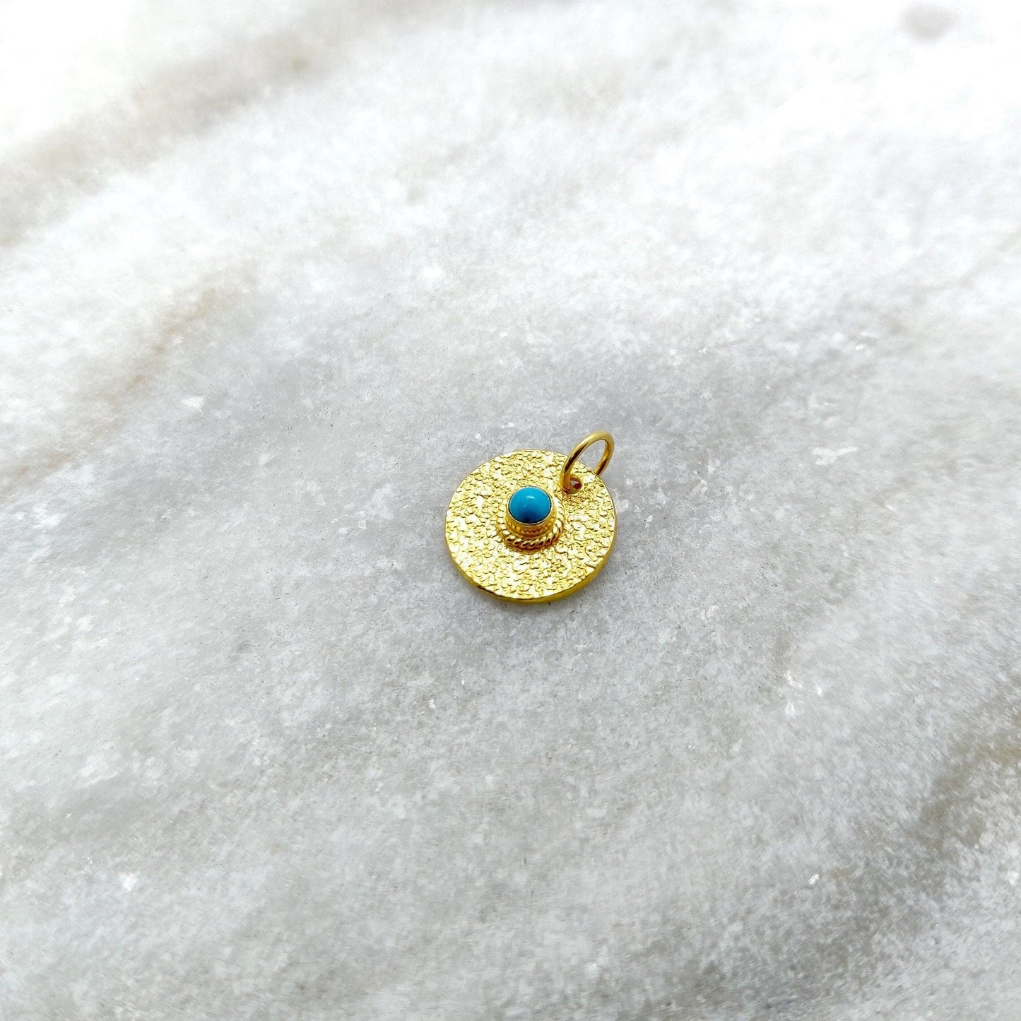 18k Solid Yellow Gold Turquoise Round Charm Pendent 12mm - Kanika Creations