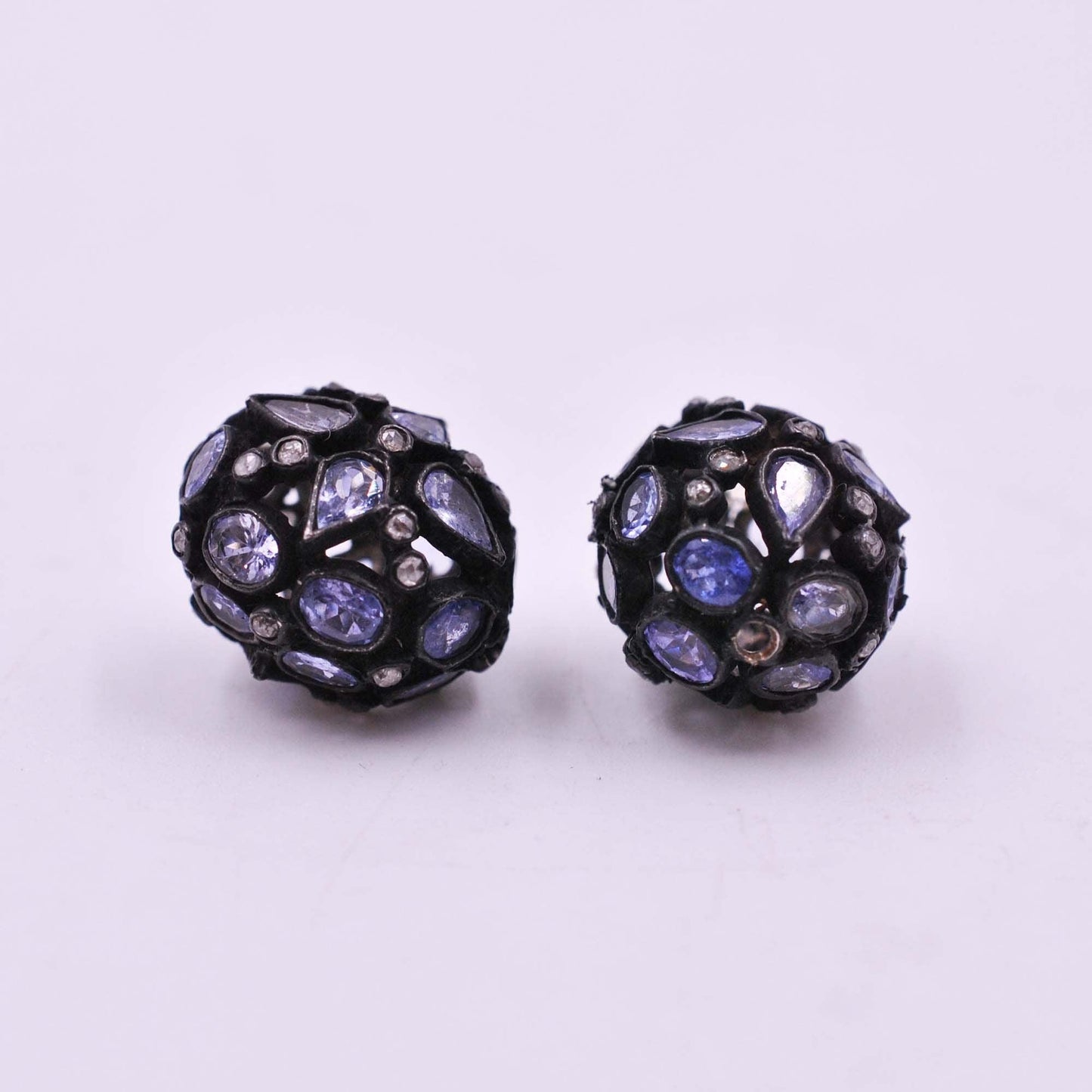 925 Sterling Silver Pave Diamond & Tanzanite Rondelle Beads - Kanika Creations