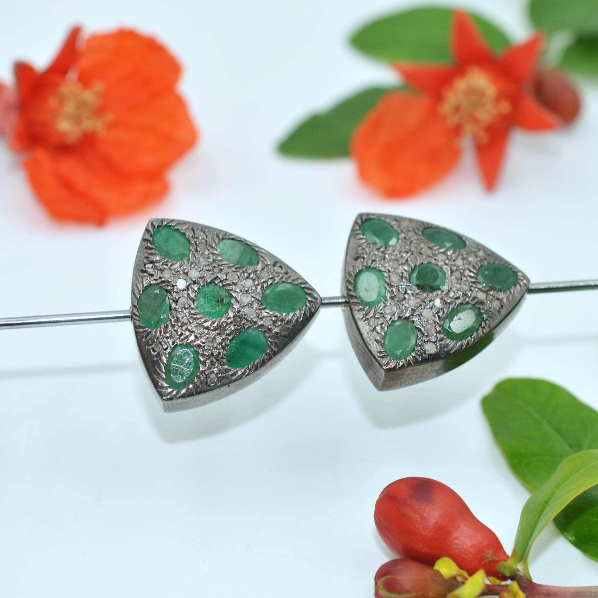 925 Sterling Silver Pave Diamond & Emerald Trillian Shape Beads - Kanika Creations