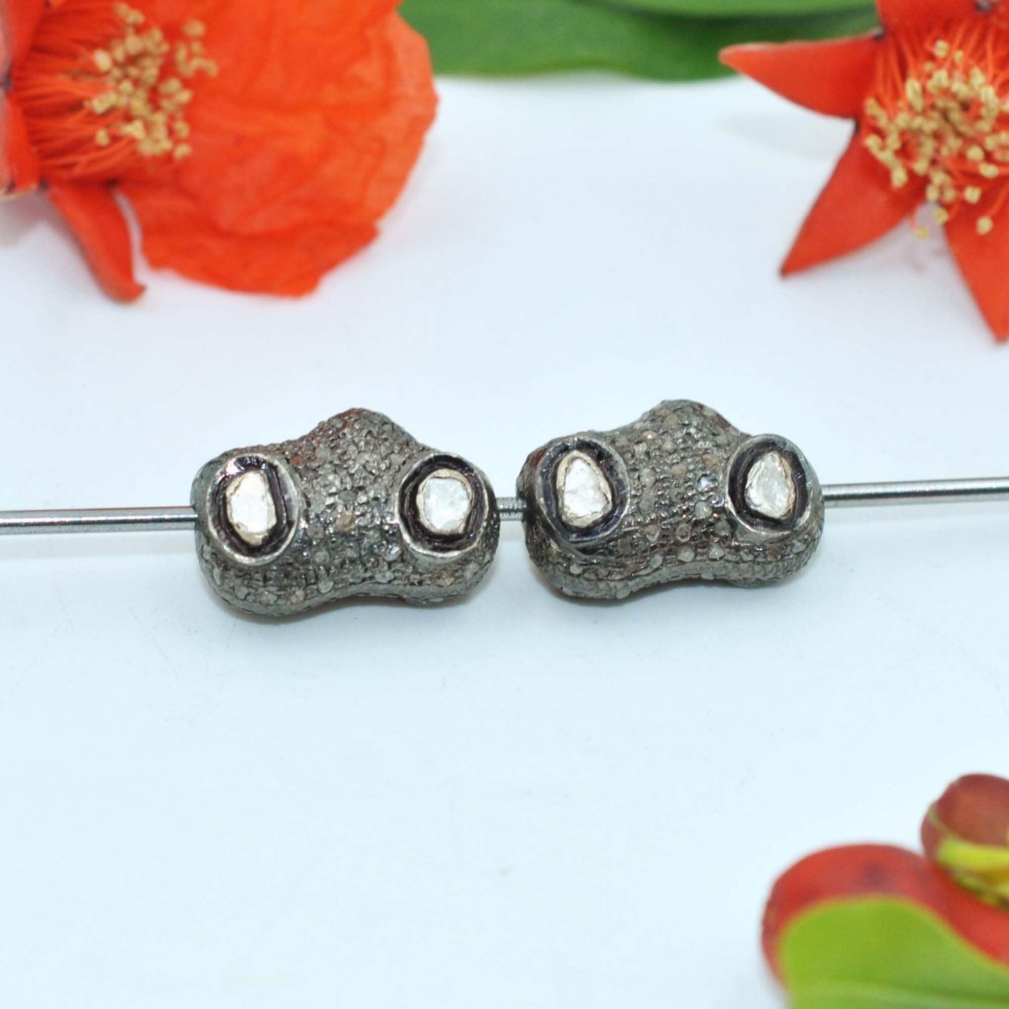 925 Sterling Silver Uncut Pave Polki Diamond Fancy Bead - Kanika Creations