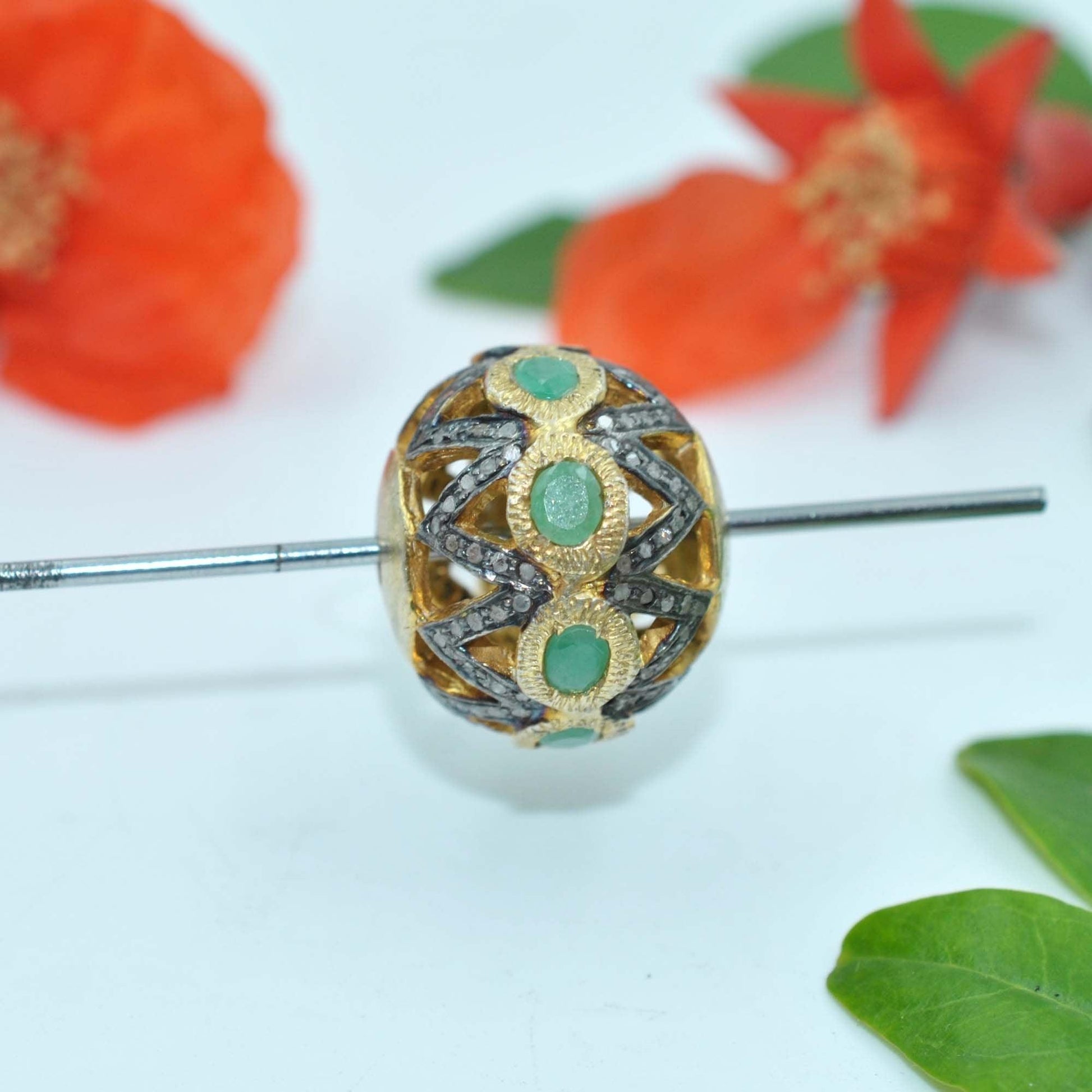 925 Sterling Silver Pave Diamond & Emerald Antique Round Beads - Kanika Creations