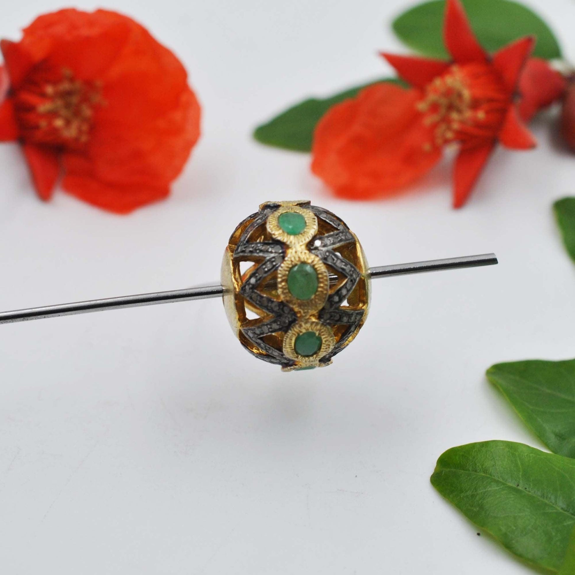 925 Sterling Silver Pave Diamond & Emerald Antique Round Beads - Kanika Creations