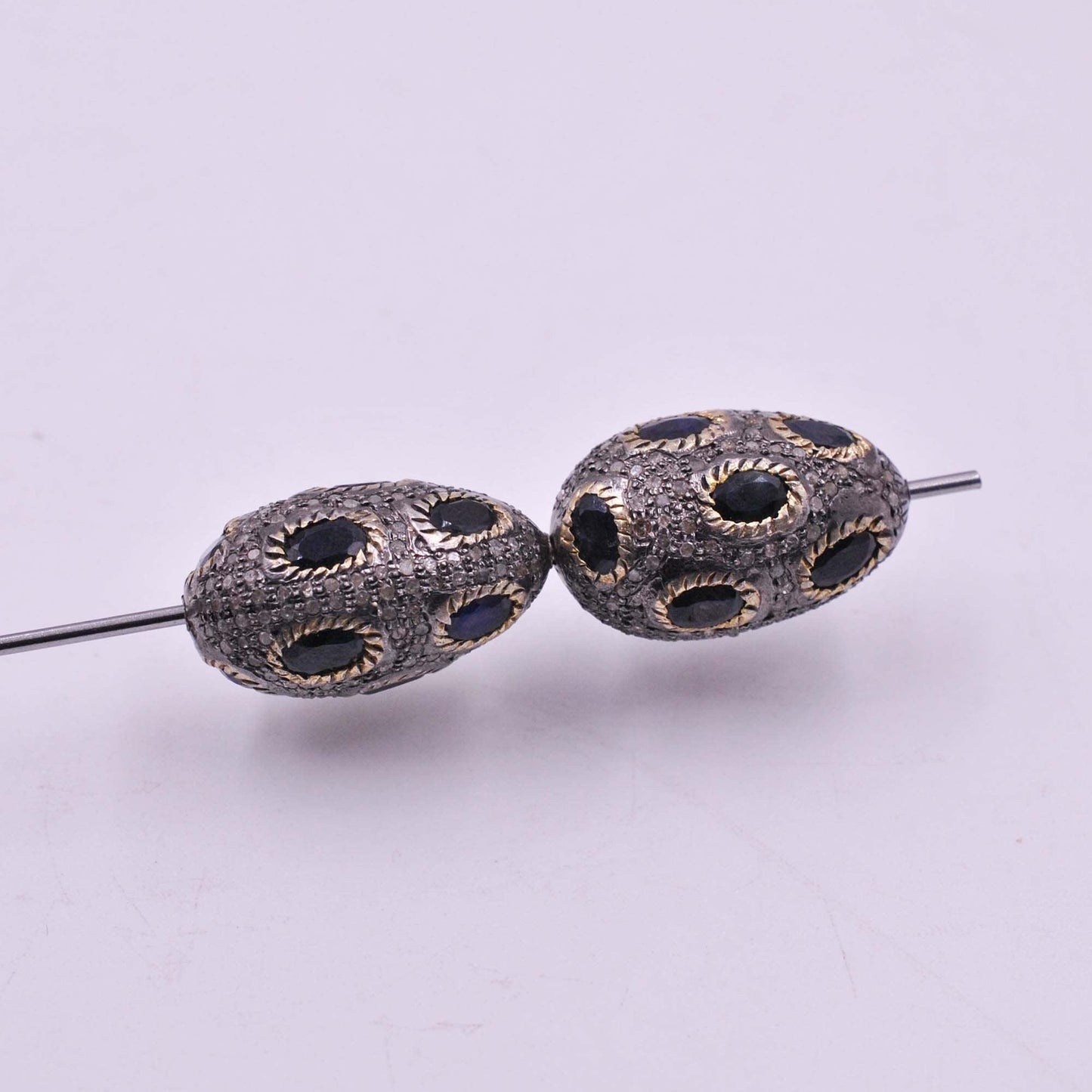 925 Sterling Silver Pave Diamond & Blue Sapphire Shambala Beads - Kanika Creations