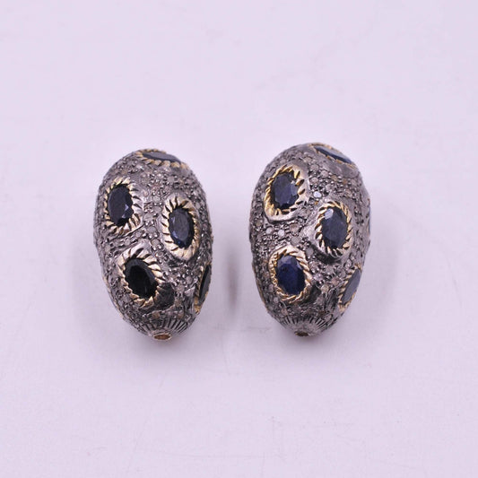 925 Sterling Silver Pave Diamond & Blue Sapphire Shambala Beads - Kanika Creations