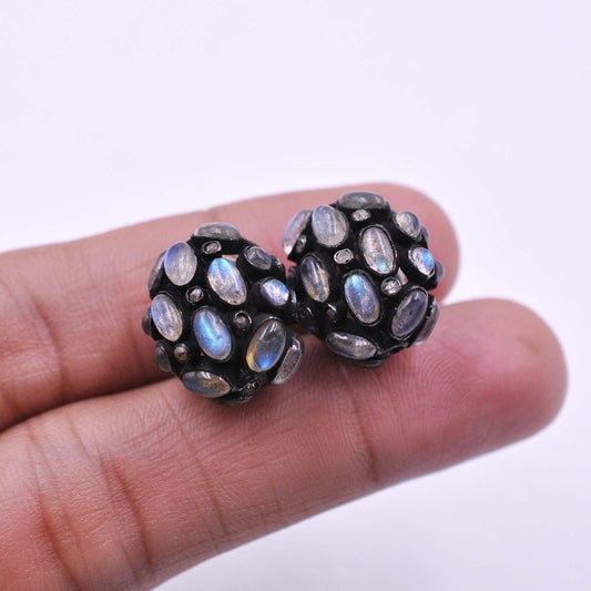 925 Sterling Silver Pave Diamond & Labradorite Beads - Kanika Creations