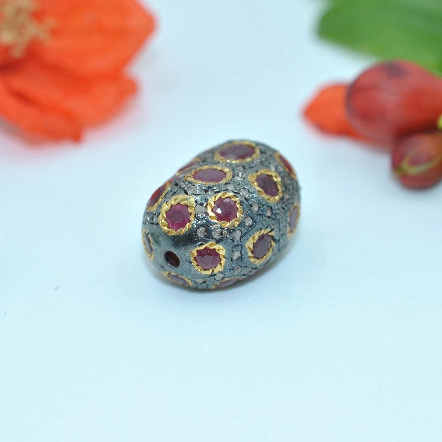 925 Sterling Silver Pave Diamond & Ruby Oval Bead Charm - Kanika Creations