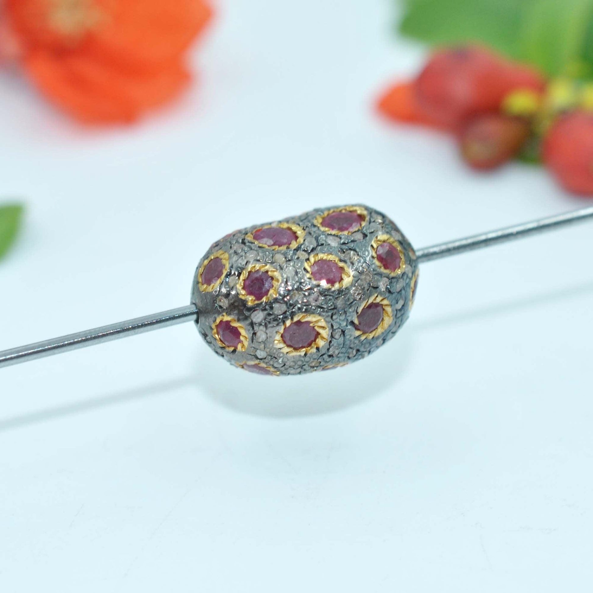 925 Sterling Silver Pave Diamond & Ruby Oval Bead Charm - Kanika Creations