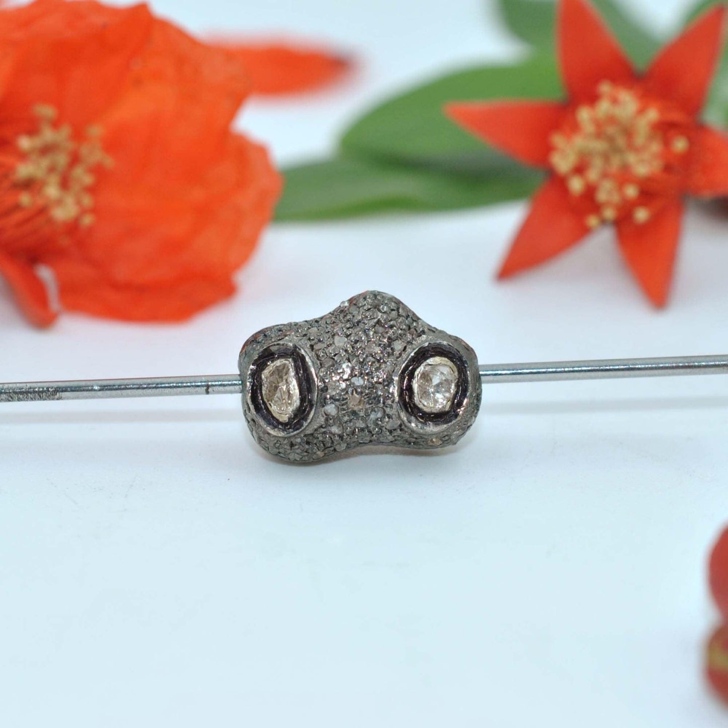 925 Sterling Silver Uncut Pave Polki Diamond Fancy Bead - Kanika Creations