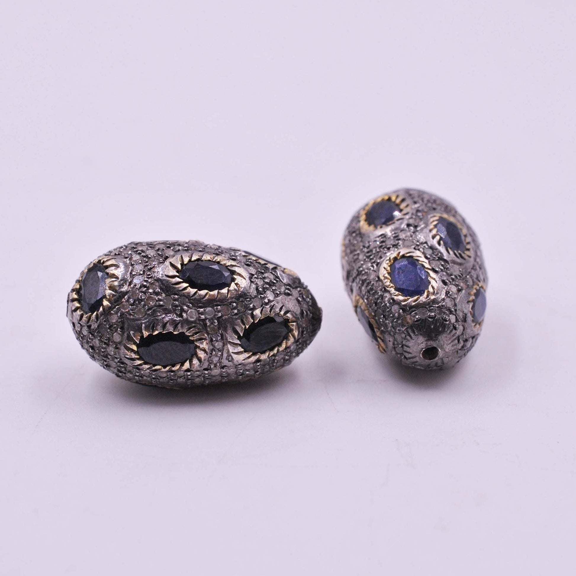 925 Sterling Silver Pave Diamond & Blue Sapphire Shambala Beads - Kanika Creations