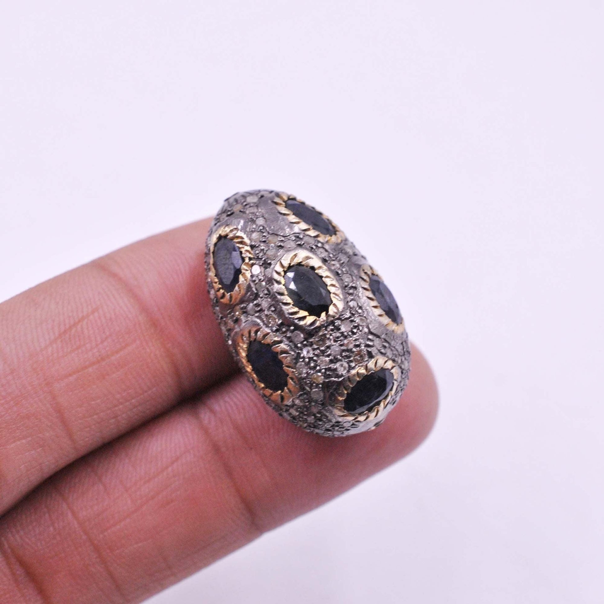 925 Sterling Silver Pave Diamond & Blue Sapphire Shambala Beads - Kanika Creations