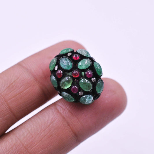 925 Sterling Silver Pave Diamond with Ruby & Emerald Beads - Kanika Creations