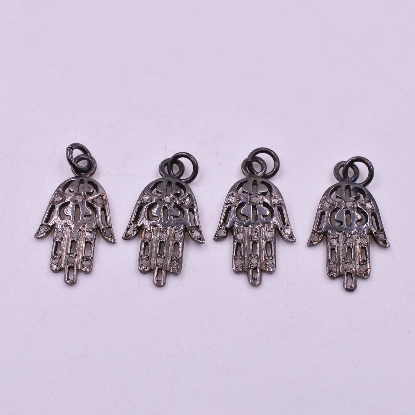 925 Sterling Silver Pave Diamond Oxidized Hamsa Hand Charms - Kanika Creations