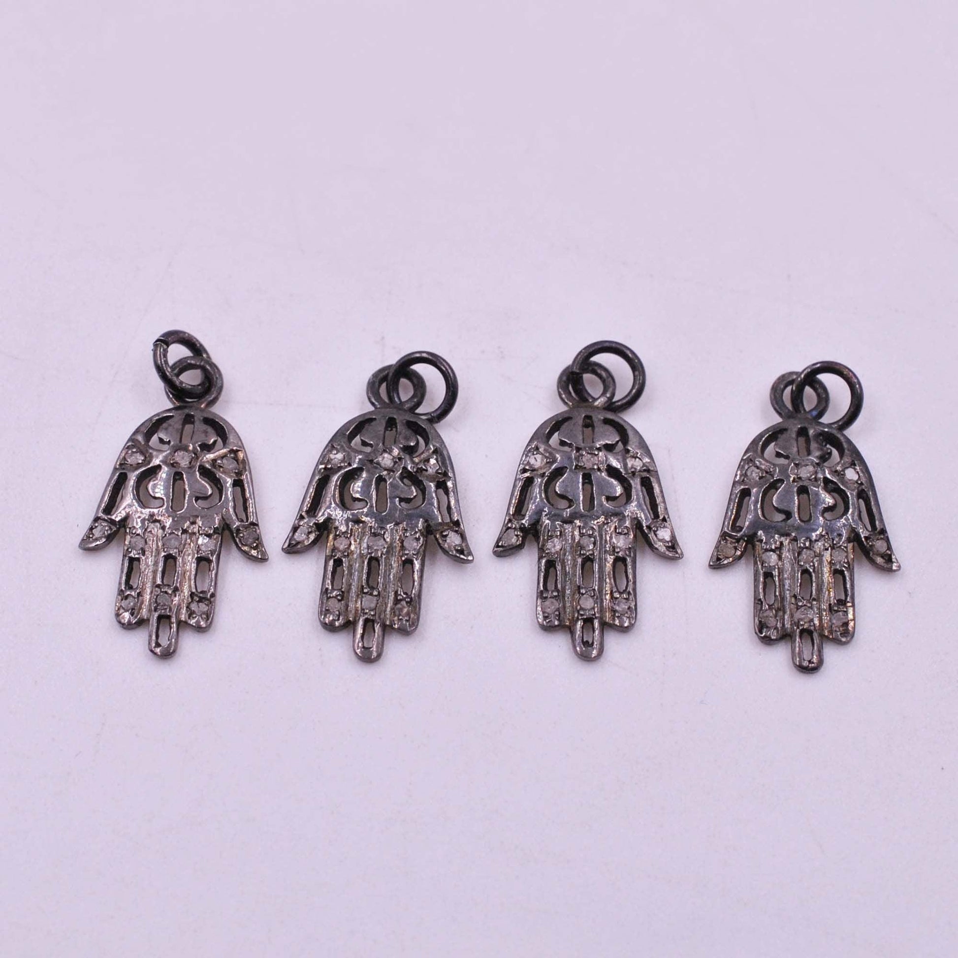 925 Sterling Silver Pave Diamond Oxidized Hamsa Hand Charms - Kanika Creations