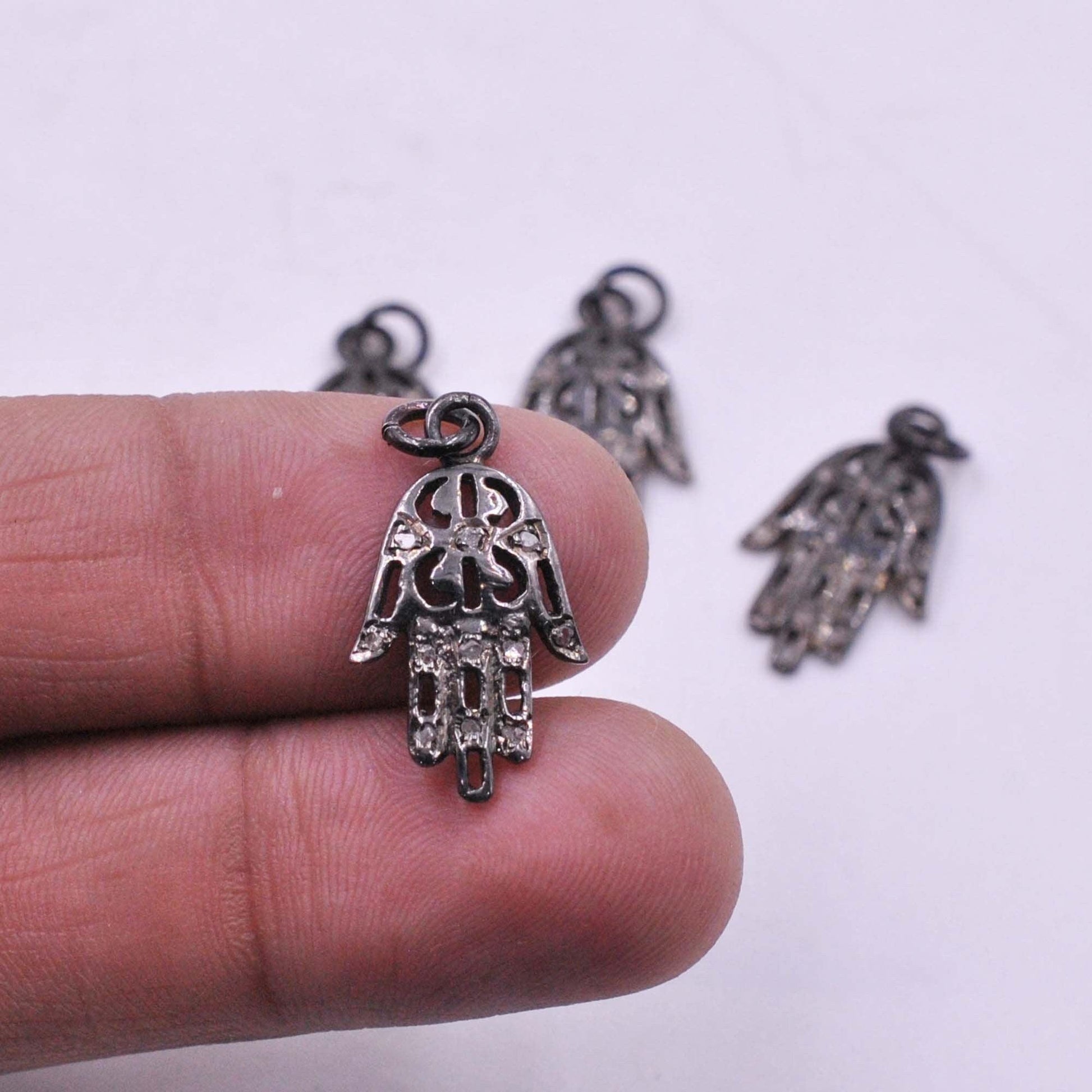 925 Sterling Silver Pave Diamond Oxidized Hamsa Hand Charms - Kanika Creations