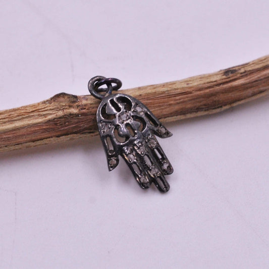 925 Sterling Silver Pave Diamond Oxidized Hamsa Hand Charms - Kanika Creations