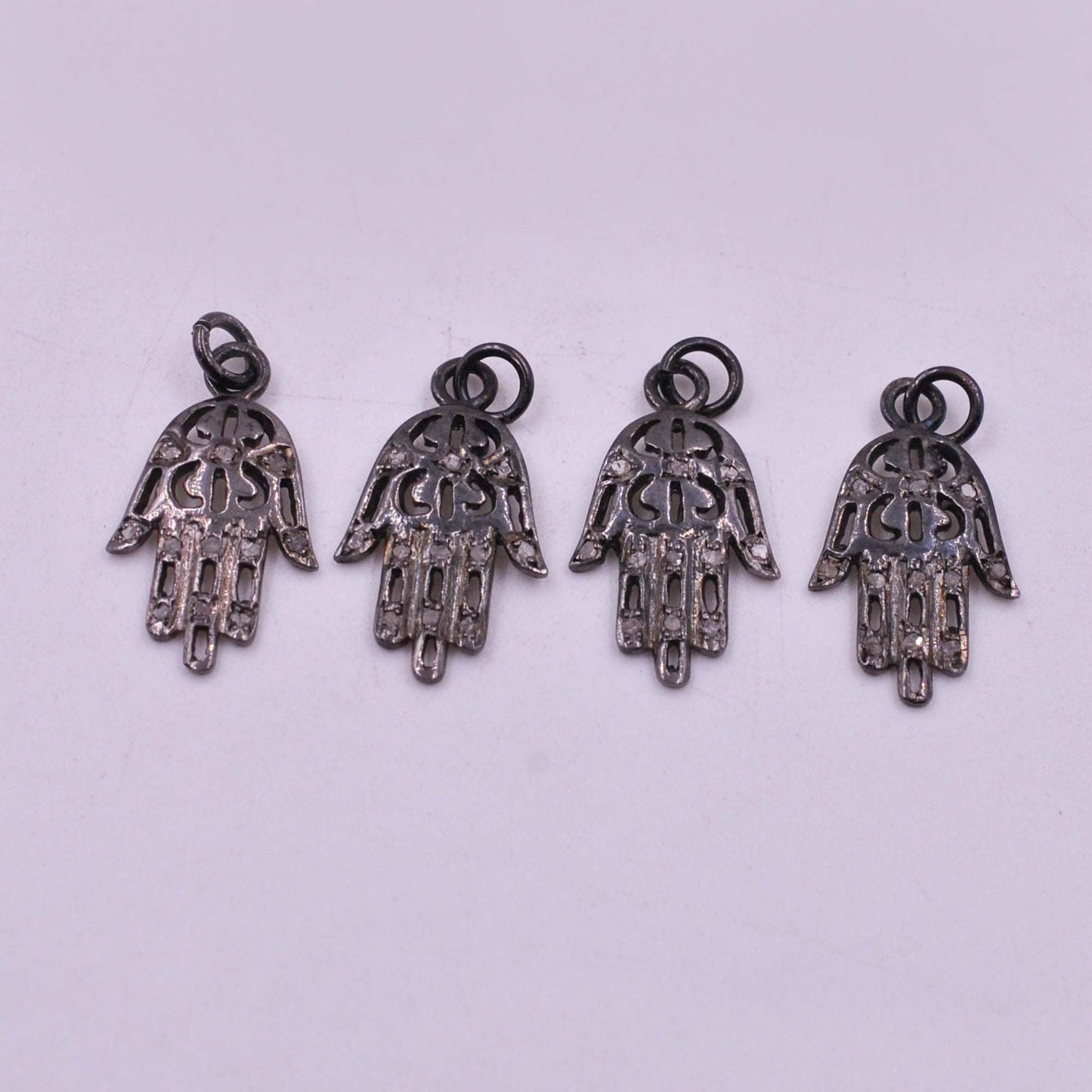 925 Sterling Silver Pave Diamond Oxidized Hamsa Hand Charms - Kanika Creations