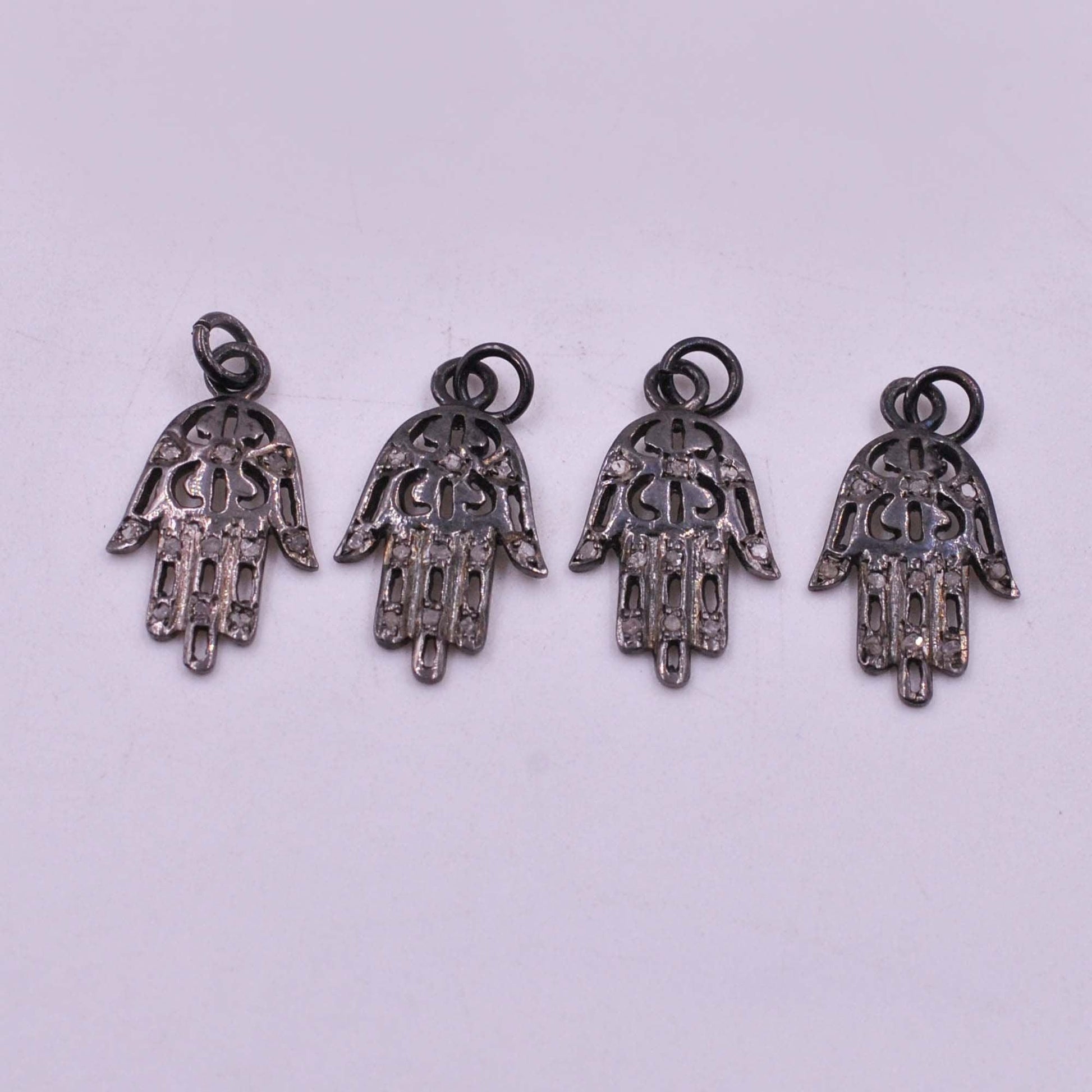 925 Sterling Silver Pave Diamond Oxidized Hamsa Hand Charms - Kanika Creations