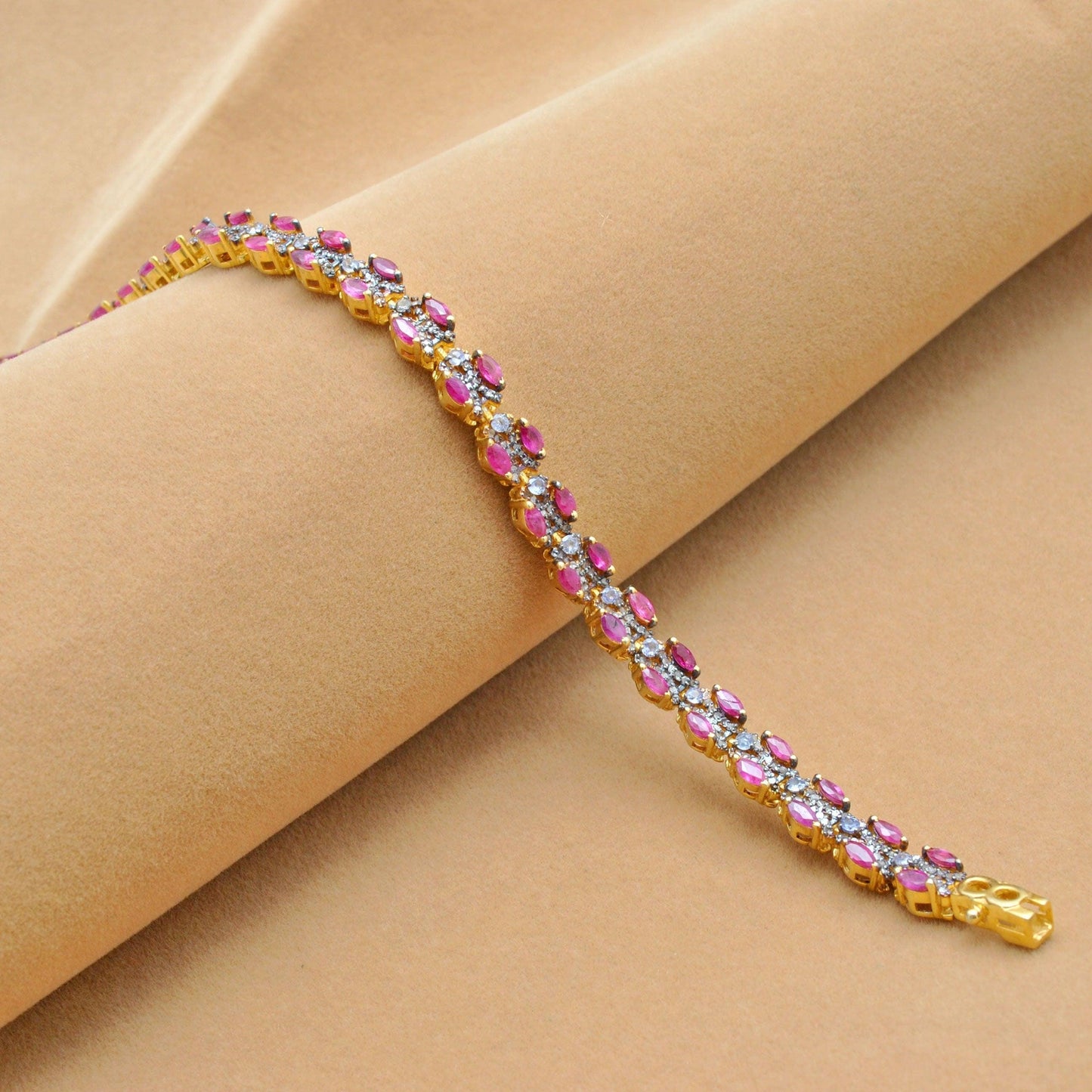 925 Sterling Silver Pave Diamond & Ruby 18k Gold Plated Bracelet - Kanika Creations