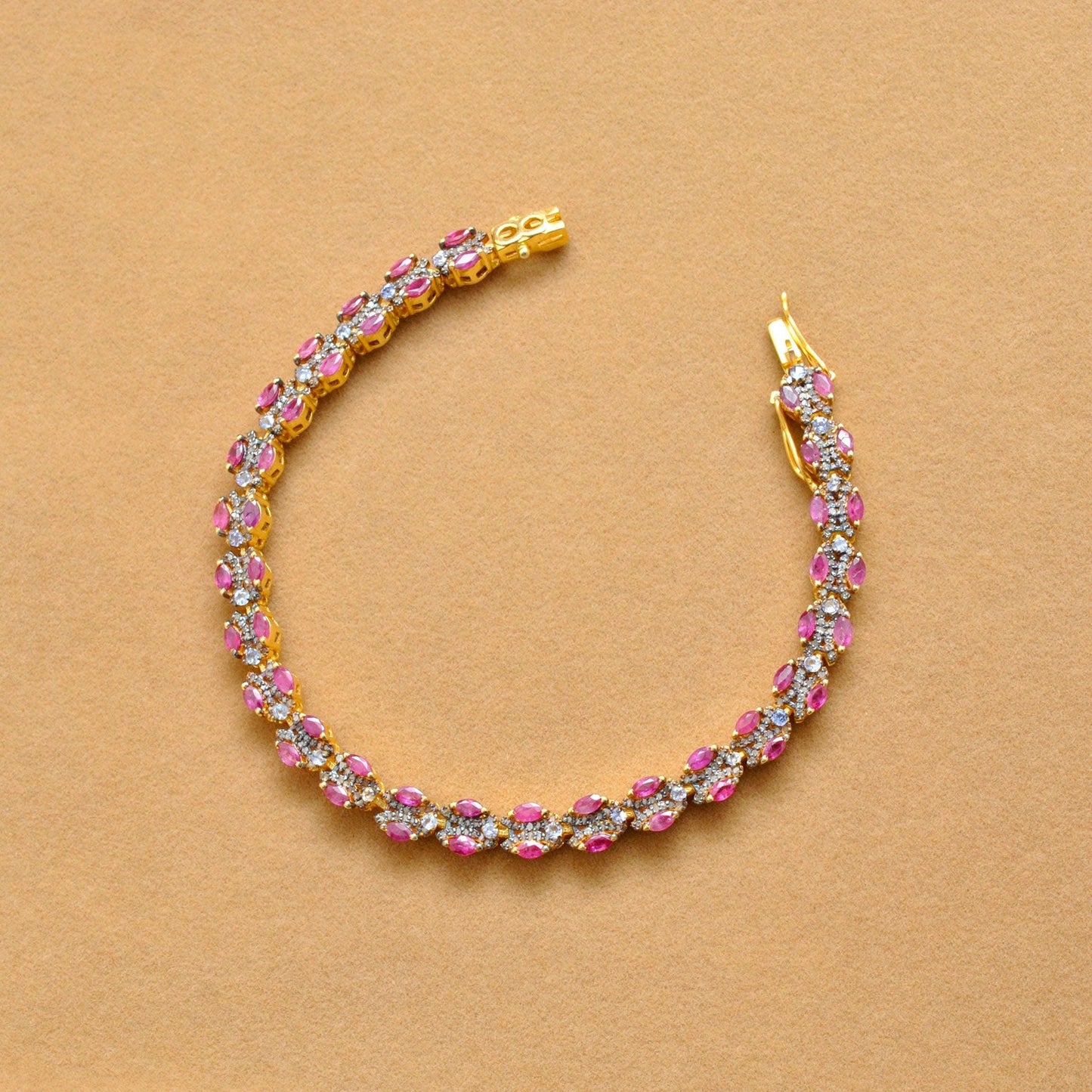 925 Sterling Silver Pave Diamond & Ruby 18k Gold Plated Bracelet - Kanika Creations