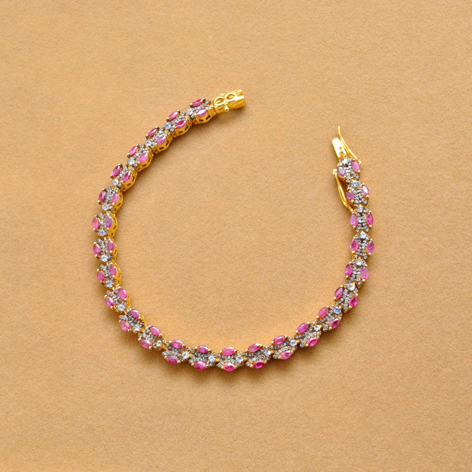 925 Sterling Silver Pave Diamond & Ruby 18k Gold Plated Bracelet - Kanika Creations