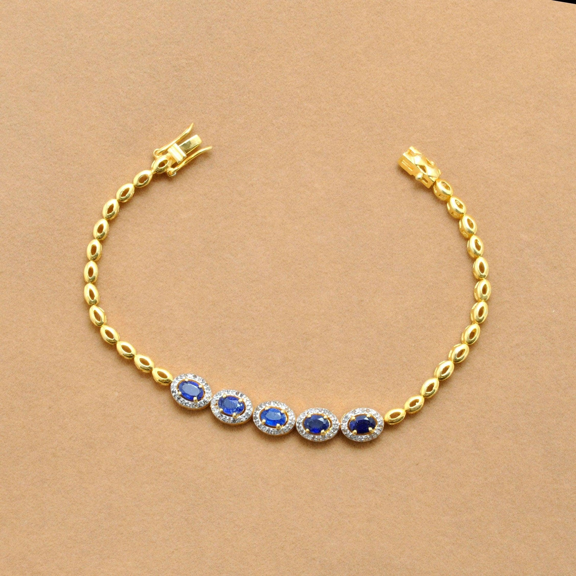 925 Sterling Silver Pave Diamond & Blue Sapphire Gold Plated Bracelet - Kanika Creations