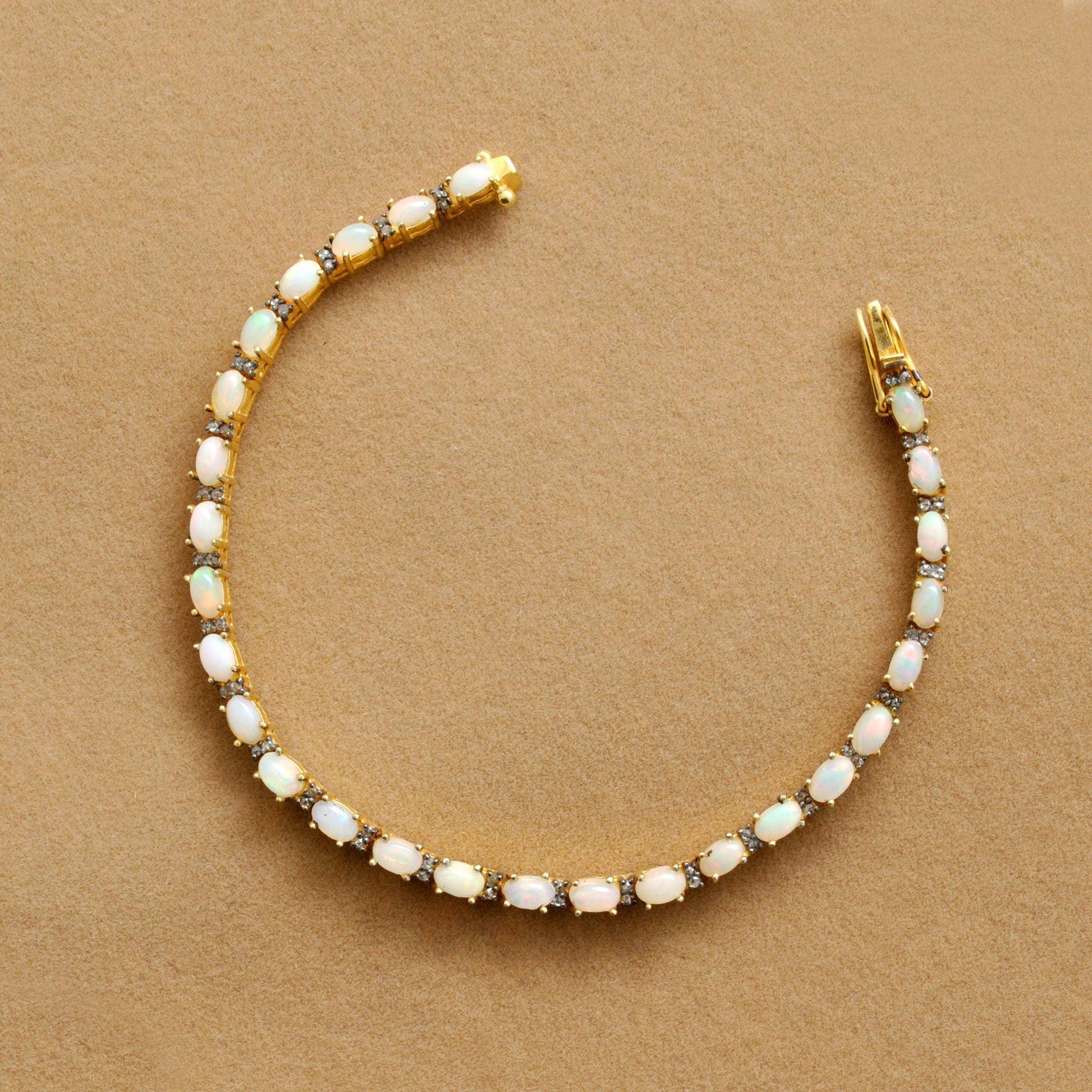 Sterling Silver Natural Fire Opal & Pave Diamond Gold Plated Bracelet - Kanika Creations