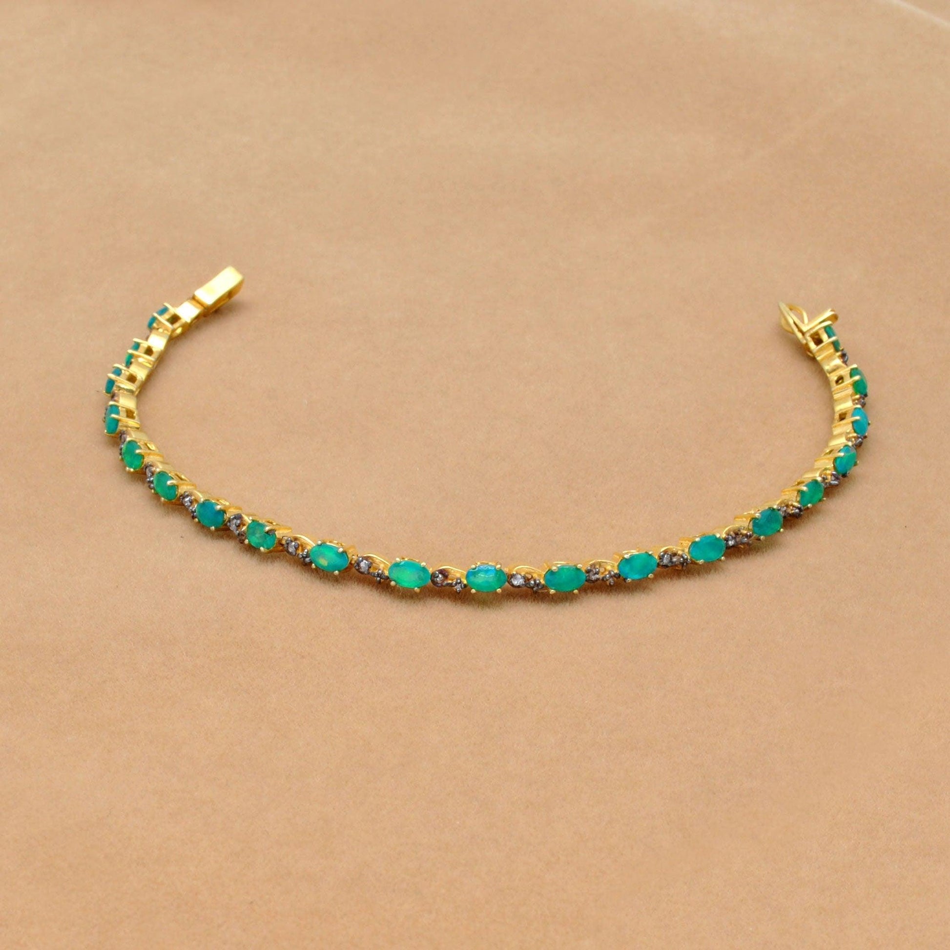 Sterling Silver Pave Diamond & Green Opal Gold Plated Bracelet - Kanika Creations