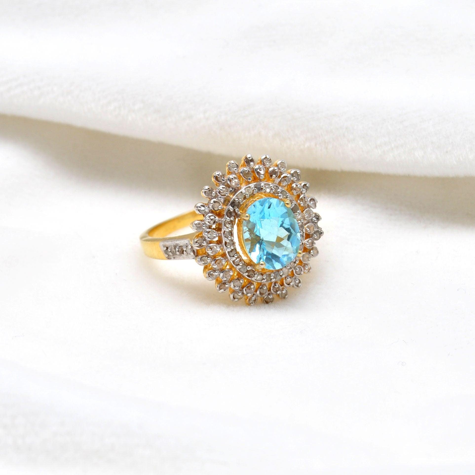 Sterling Silver Gold Plated Blue Topaz & Diamond Halo Victorian Ring 10 US - Kanika Creations