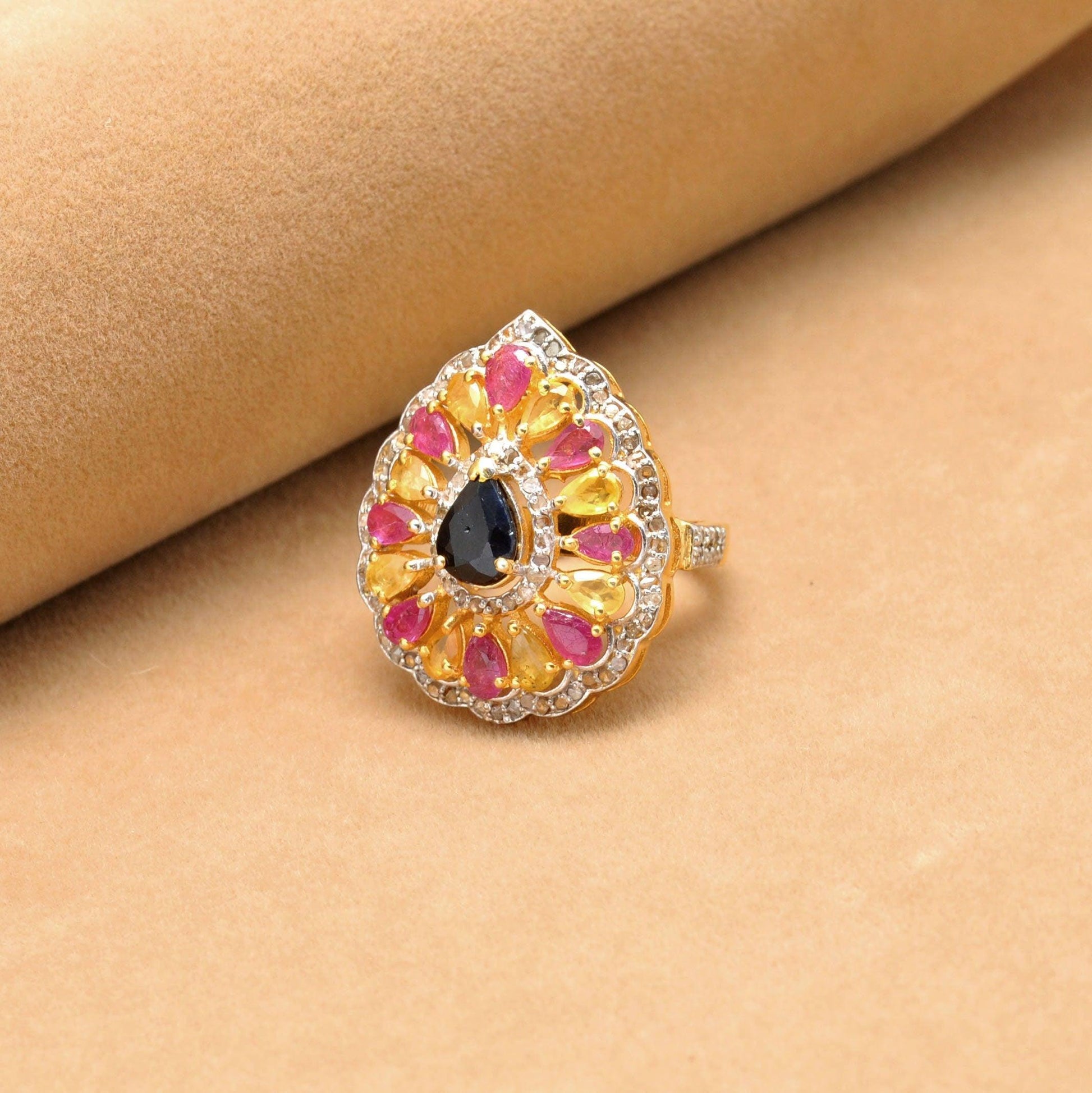 Multi Gemstone Diamond Victorian 18k Gold Ring Size 7 - Kanika Creations